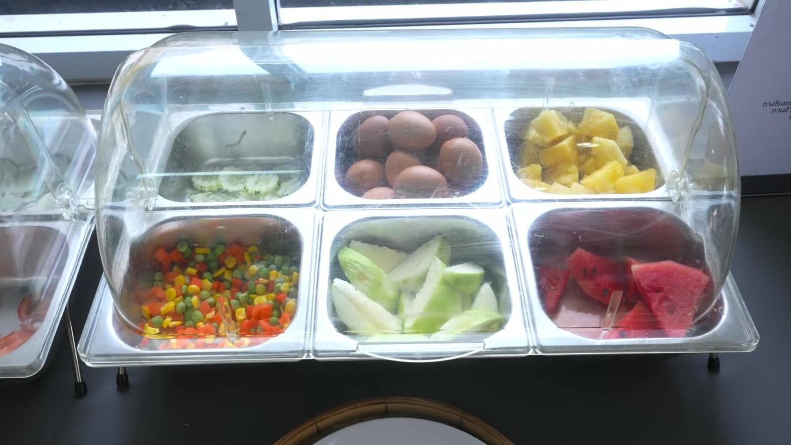 A chilled buffet display under covers